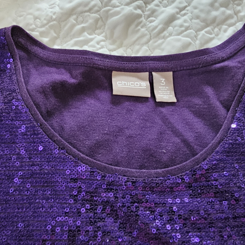 Chico's Purple Sequin Scoop Neck Top Sz 3 XL - Picture 2 of 7